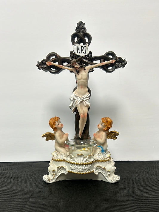 Crucifijo de Jesus con Angeles y base para vela 12”/Crucifix of Jesus with Angels and candle holder 12"